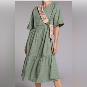 Anthropologie Fern Tiered Midi Dress Sage Green Utility Size Small Sleeved EUC
